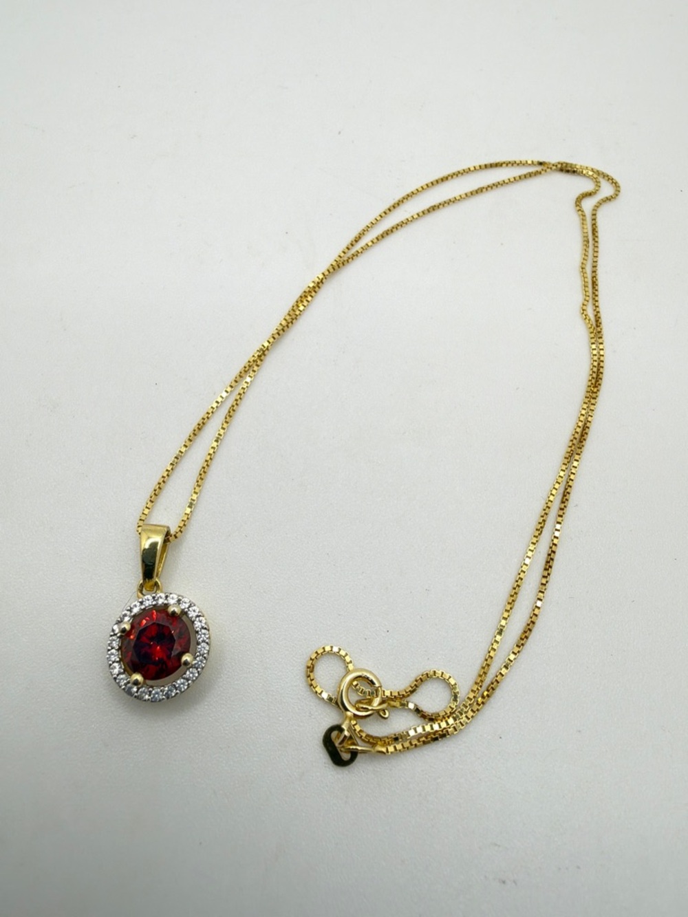 NWOT 14kt over 925, 18" box chain with 7mm Garnet, cz diamond‎ pendant necklace!
